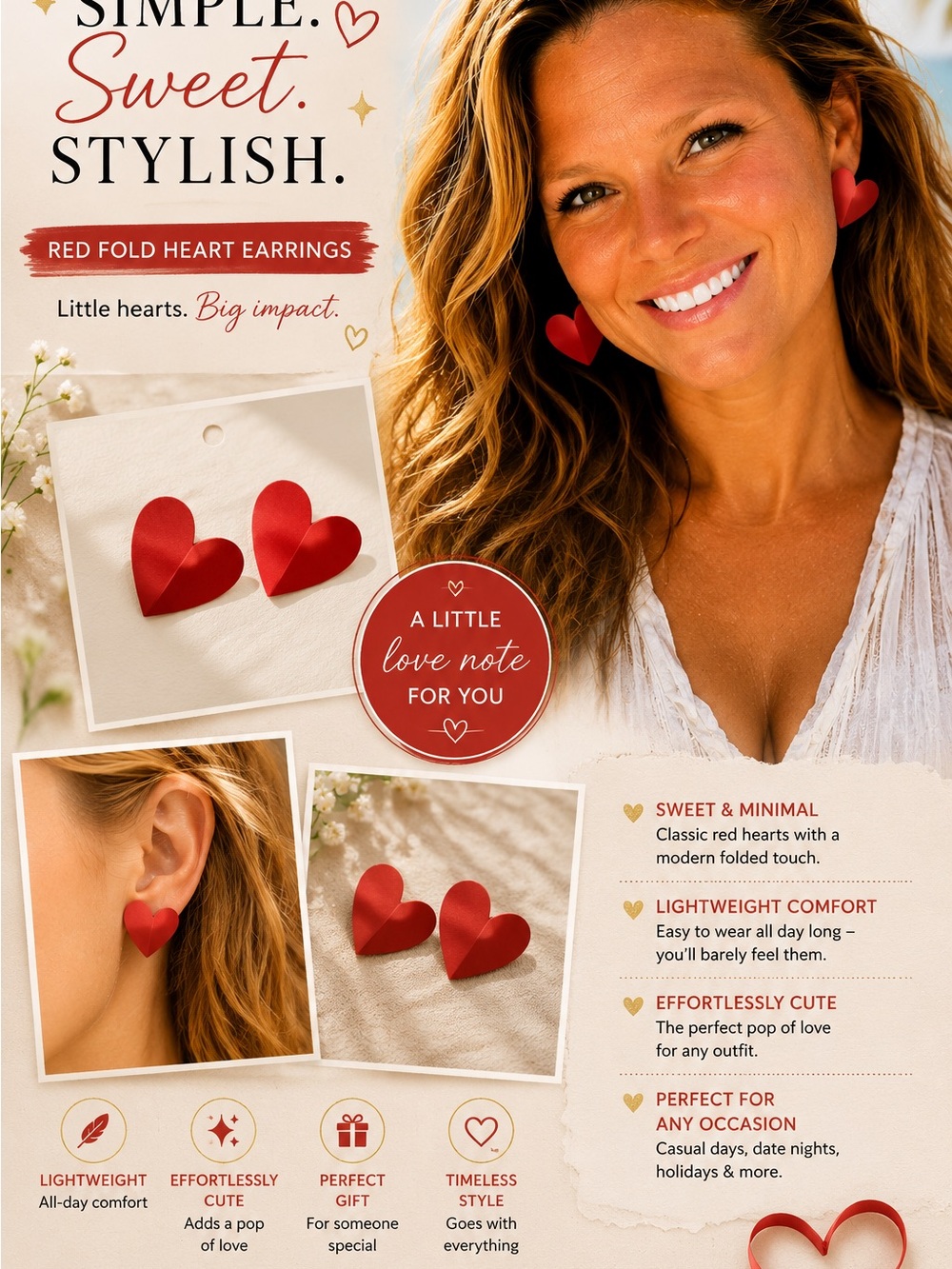 Red Fold Heart Earrings Lightweight Heart Studs